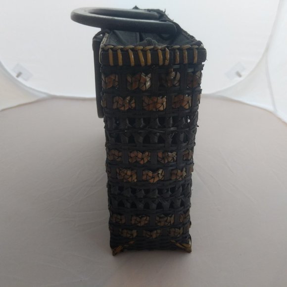 Vintage black woven straw and fabric rectangle box handbag made in Thailand - Picture 3 of 11